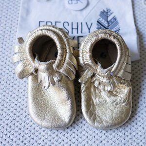 Freshly Picked Baby Moccasins Gold Size 6.